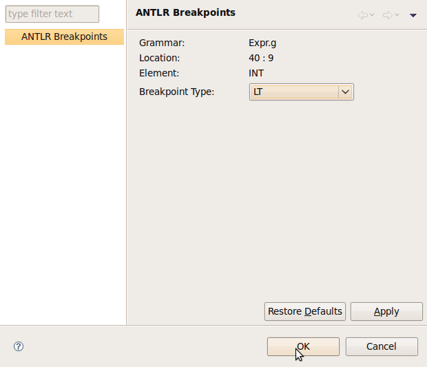 LT ANTLR Breakpoint